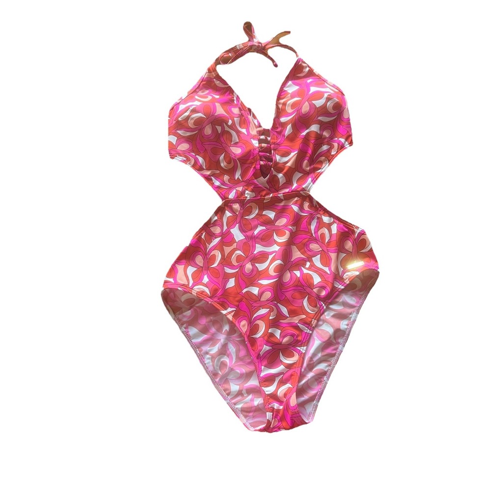 LASCANA For VENUS One Piece Pink Orange Open Back‎ Retro Floral Halter Size 12